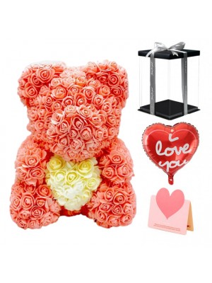 Pfirsich Rose Teddybär Blumenbär mit Weißes Herz Bestes Geschenk für Muttertag, Valentinstag, Jubiläum, Hochzeit und Geburtstag