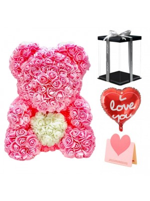 Licht Rose Rosa Teddybär Blumenbär mit Weißes Herz Bestes Geschenk für Muttertag, Valentinstag, Jubiläum, Hochzeit und Geburtstag