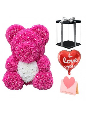 Diamant Rosa Rose Teddybär Blumenbär mit Weißes Herz Bestes Geschenk für Muttertag, Valentinstag, Jubiläum, Hochzeit und Geburtstag