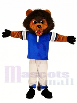 Sportlicher Löwe im blauen Hemd Maskottchen Kostüm