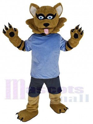 Brauner Waschbär Maskottchen Kostüm Tier im blauen Trikot