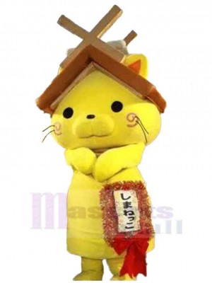 Gelbe Katze Maskottchen Kostüm Tier mit einem Hausdach über dem Kopf