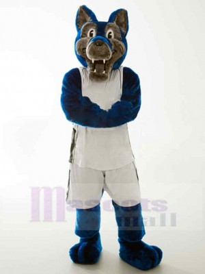 Starker blauer und grauer Wolf Maskottchen Kostüm Tier in weißer Kleidung