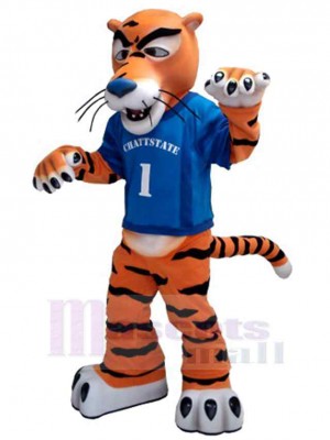 Wilder Tiger Maskottchen Kostüm Tier im blauen T-Shirt