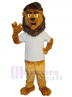 Erwachsener brauner Löwe Maskottchen-Kostüm Tier im weißen T-Shirt