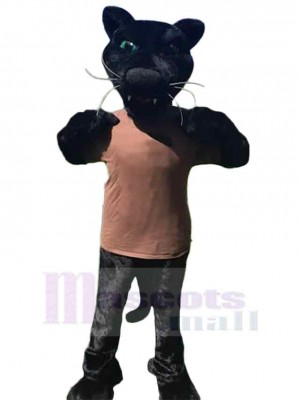 Schwarzer Panther Maskottchen-Kostüm Tier in brauner Kleidung