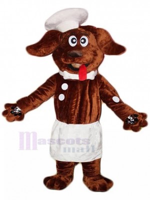Lächelndes dunkelbraunes Koch-Hundemaskottchen-Kostüm mit Kochmütze