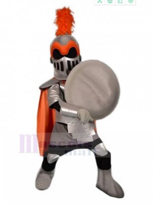 Silberner Ritter mit Orange Kap Maskottchen Kostüm Menschen