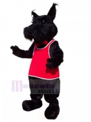 Haariger schwarzer Schnauzer Hundemaskottchen Kostüm mit roter Weste Tier