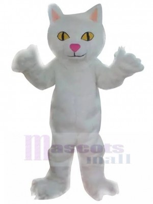 Lächelnd Weiße Katze Maskottchen Kostüm mit gelben Augen Tier