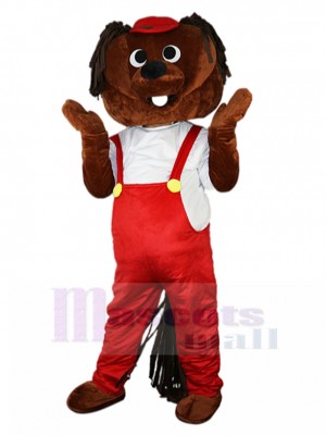 Brauner Hamster Maskottchen-Kostüm im roten Overall Tier