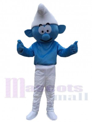 Blaue Elfe Maskottchen Kostüm Karikatur mit weißem Hut