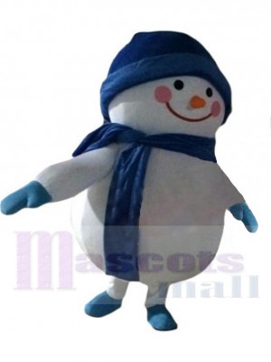 Schneemann Maskottchen Kostüm Karikatur mit blauer Mütze und Schal