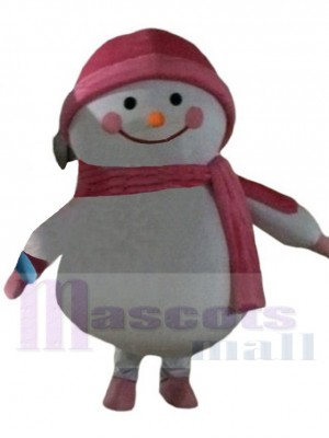 Schneemann Maskottchen Kostüm Karikatur mit rosa Mütze und Schal