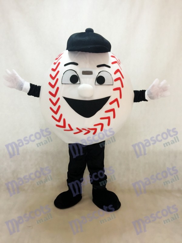 Erwachsener weißer Baseball mit einem schwarzen Hut Maskottchen Kostüm