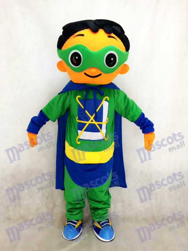 Super Warum Super Hero Maskottchen mit grünem Umhang Kostüm